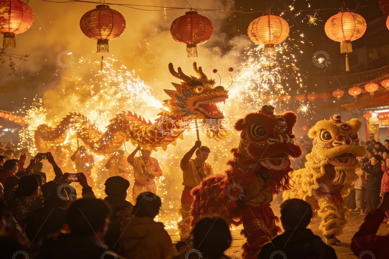 高清大图下载【趣麦麦图】夜幕下舞龙舞狮烟花璀璨