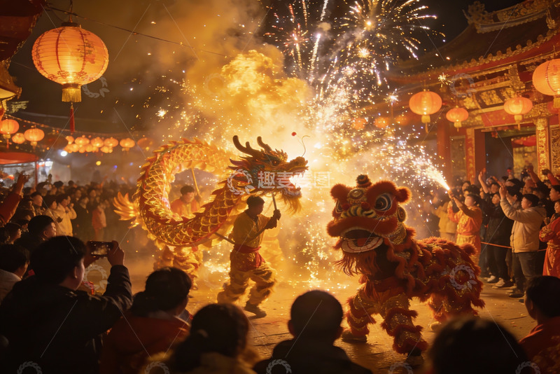 高清大图下载【趣麦麦图】夜市舞龙舞狮烟花表演