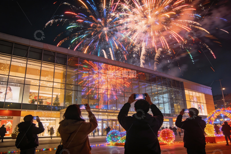高清大图下载【趣麦麦图】夜景烟花秀众人拍照留念