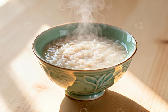 热气腾腾的米粥盛在青花瓷碗中