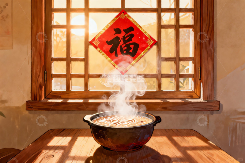 高清大图下载【趣麦麦图】窗前热气腾腾的锅与福字