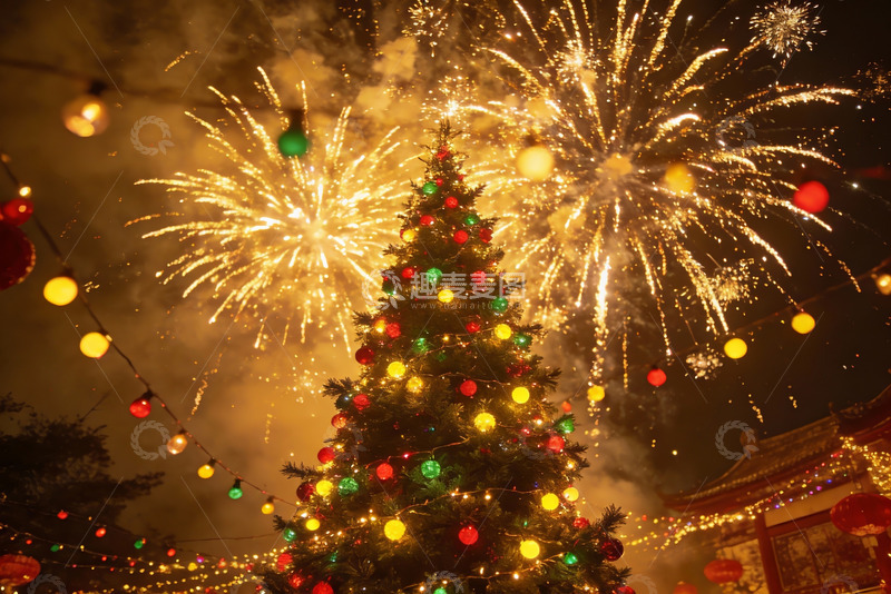 高清大图下载【趣麦麦图】夜空烟花璀璨圣诞树
