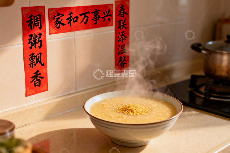 高清大图下载【趣麦麦图】热气腾腾的粥配春联