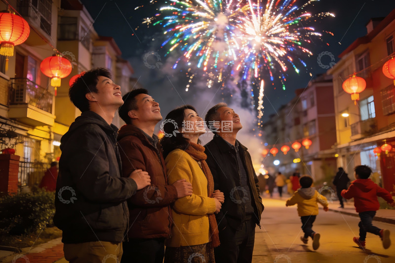 高清大图下载【趣麦麦图】夜街烟花下家人共赏欢乐时刻