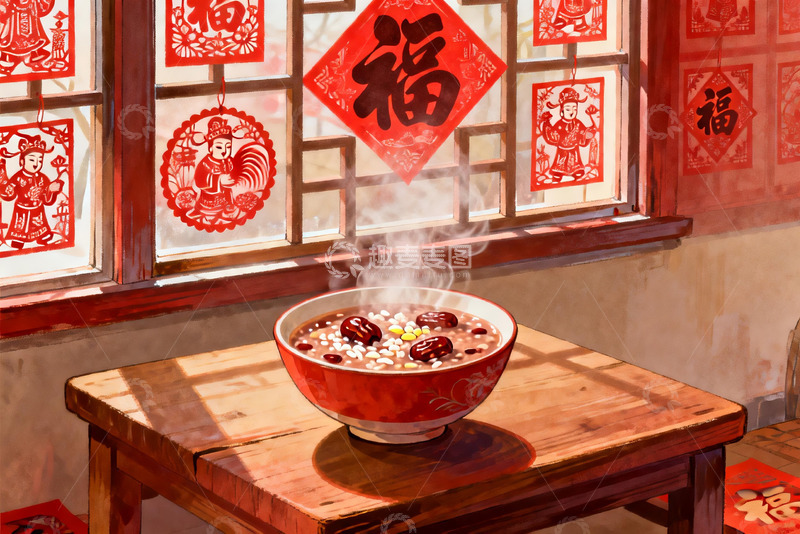 高清大图下载【趣麦麦图】春节窗前热粥暖意浓