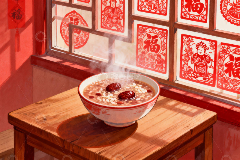 高清大图下载【趣麦麦图】热气腾腾的红枣粥与窗花