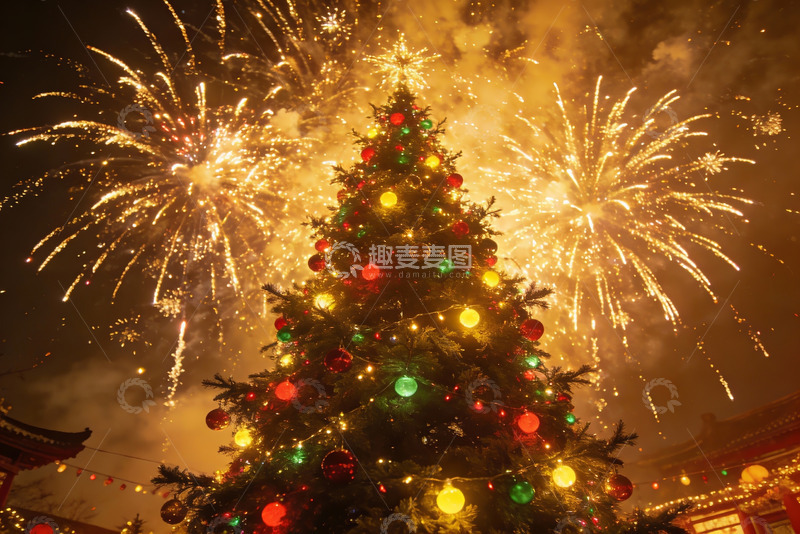 高清大图下载【趣麦麦图】圣诞树烟花夜景