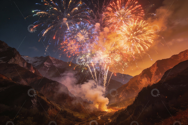 高清大图下载【趣麦麦图】夜空烟花绽放山谷美景