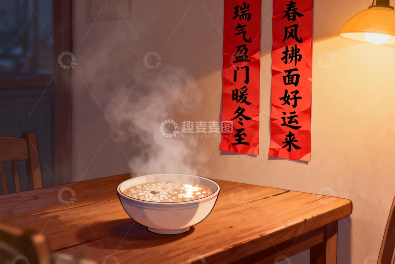 高清大图下载【趣麦麦图】热气腾腾的米粥与春联