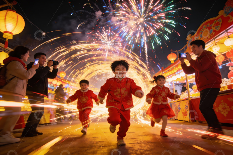 高清大图下载【趣麦麦图】烟花下儿童奔跑家人拍照欢乐场景