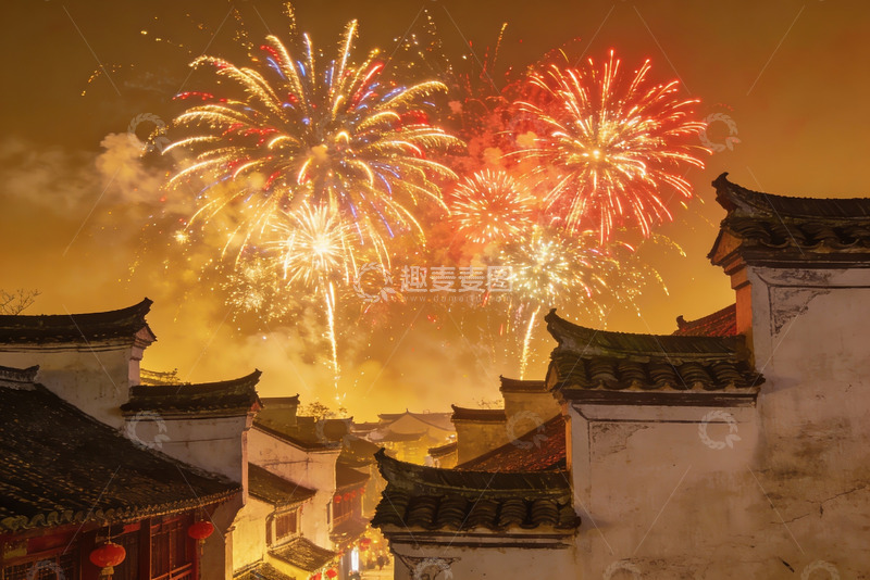 高清大图下载【趣麦麦图】夜空烟花绽放古建筑群