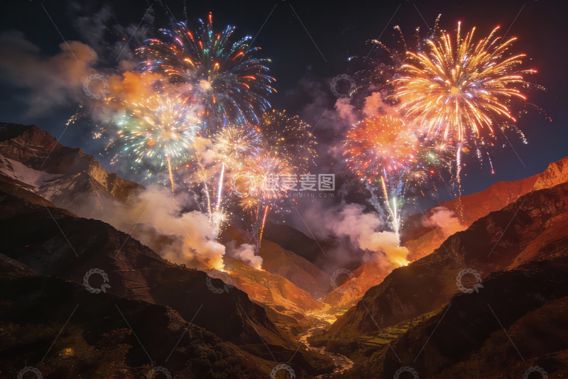 高清大图下载【趣麦麦图】夜空烟花绽放山谷美景