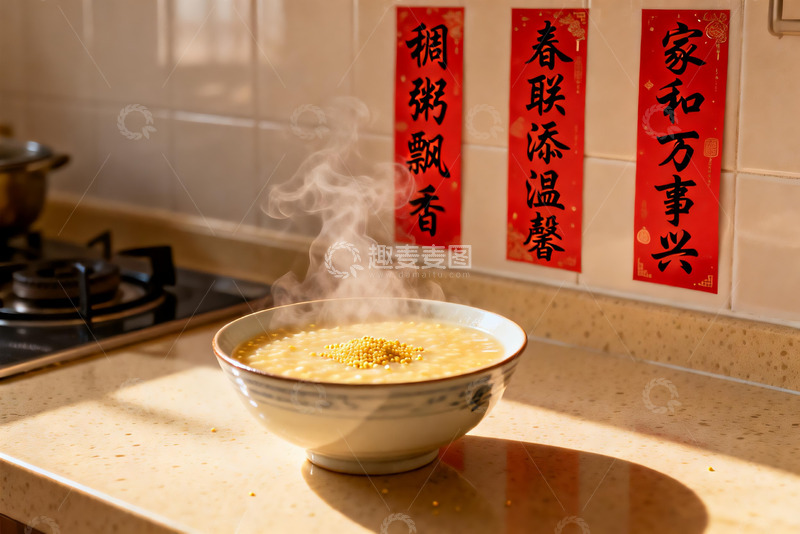 高清大图下载【趣麦麦图】热气腾腾的粥与新春对联