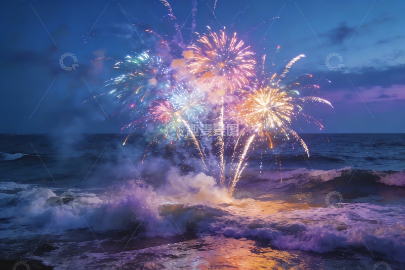 高清大图下载【趣麦麦图】海上烟花绽放夜景