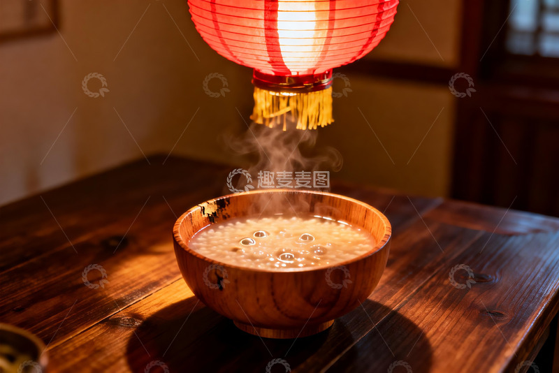 高清大图下载【趣麦麦图】热气腾腾木碗粥配红灯笼