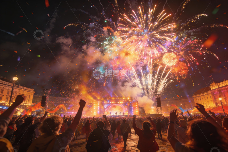 高清大图下载【趣麦麦图】夜空烟花绽放人群欢庆场景