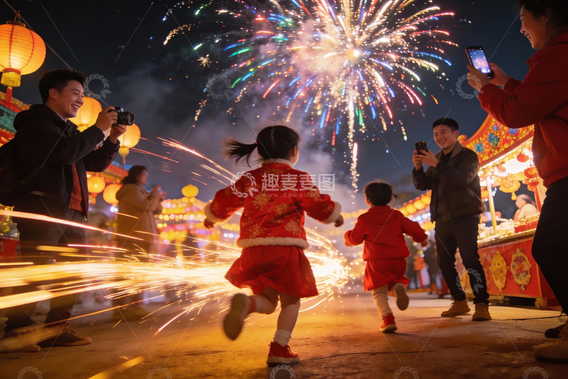 高清大图下载【趣麦麦图】烟花节夜景儿童奔跑家人拍照