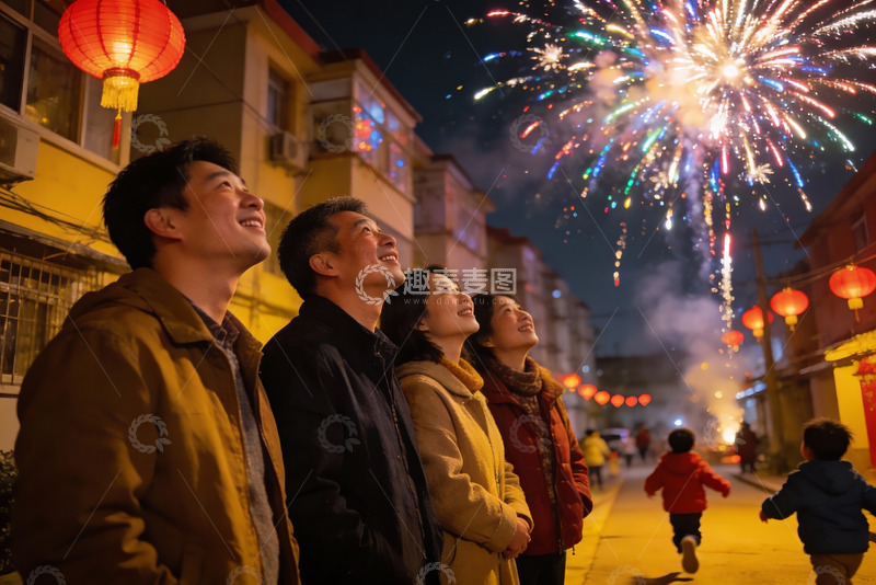 高清大图下载【趣麦麦图】夜街烟花下家人共赏欢乐时刻