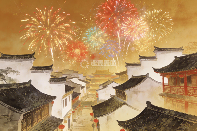 高清大图下载【趣麦麦图】古建筑夜空烟花绽放