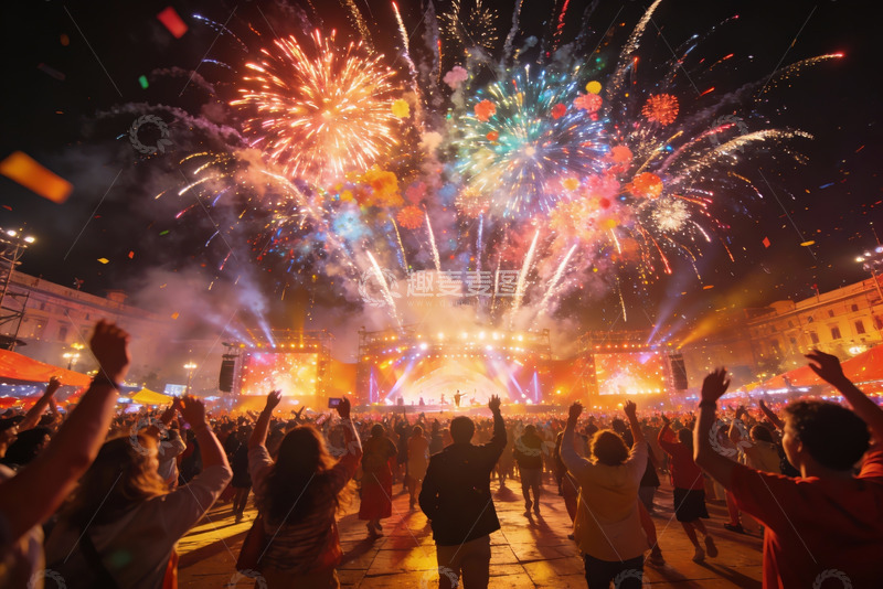 高清大图下载【趣麦麦图】夜空烟花绽放人群欢呼庆祝