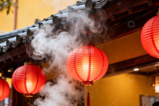 红灯笼与烟雾环绕古建筑