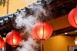 红灯笼与烟雾环绕古建筑