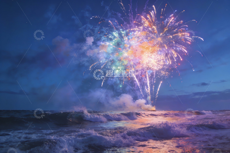 高清大图下载【趣麦麦图】海上烟花绽放夜景