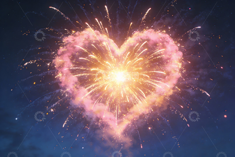 高清大图下载【趣麦麦图】夜空心形烟花绽放绚丽