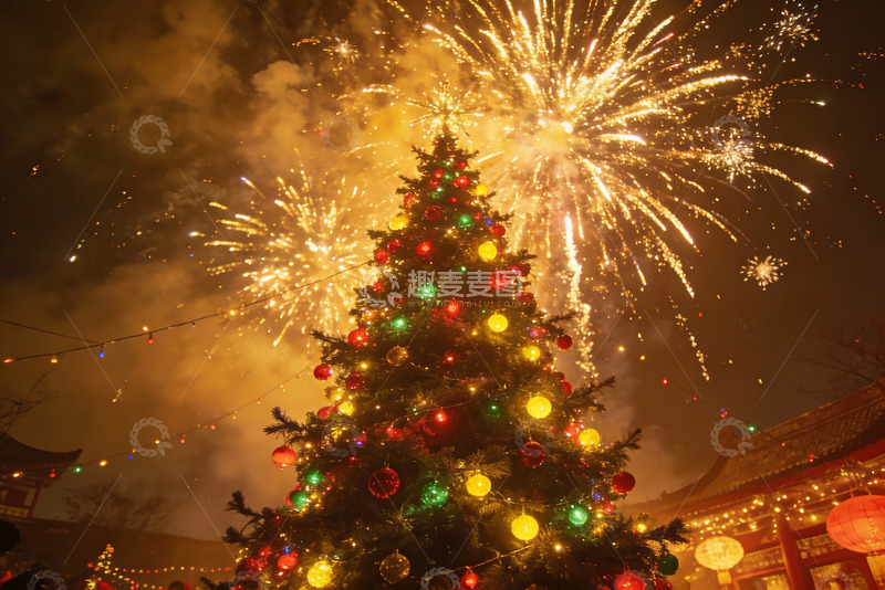 高清大图下载【趣麦麦图】夜空烟花璀璨圣诞树
