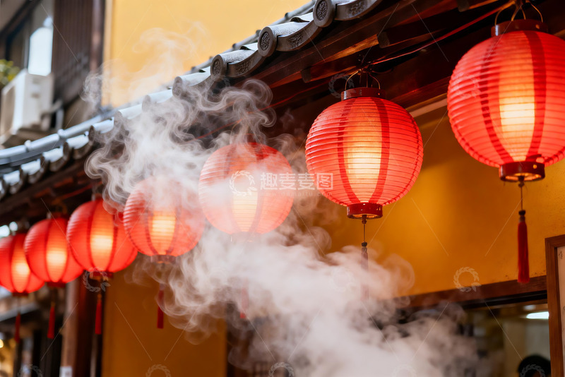 高清大图下载【趣麦麦图】红灯笼与烟雾环绕古建筑
