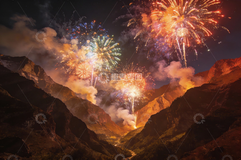 高清大图下载【趣麦麦图】夜空山峦烟花绽放绚丽景象
