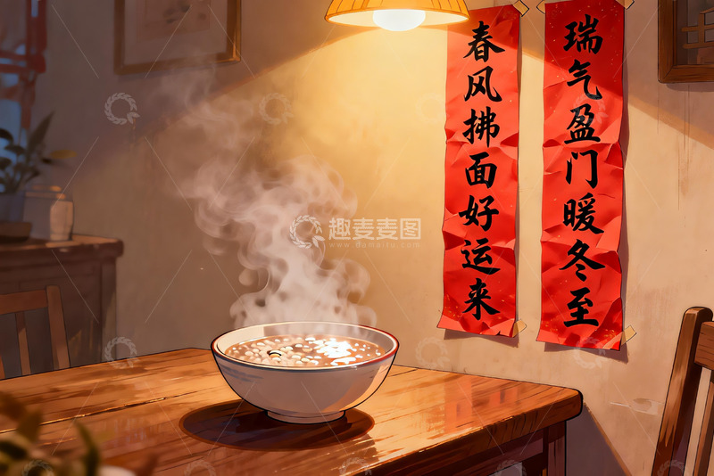 高清大图下载【趣麦麦图】暖光下热气腾腾的碗与春联