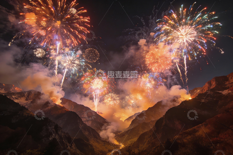 高清大图下载【趣麦麦图】夜空烟花绽放山峦
