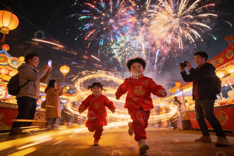 高清大图下载【趣麦麦图】烟花节夜景儿童奔跑欢乐场景