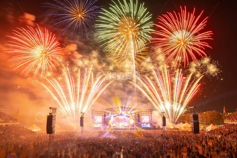 高清大图下载【趣麦麦图】夜空烟花绽放人群欢聚现场