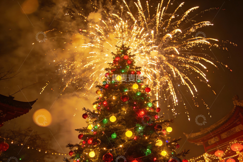 高清大图下载【趣麦麦图】圣诞树烟花夜景