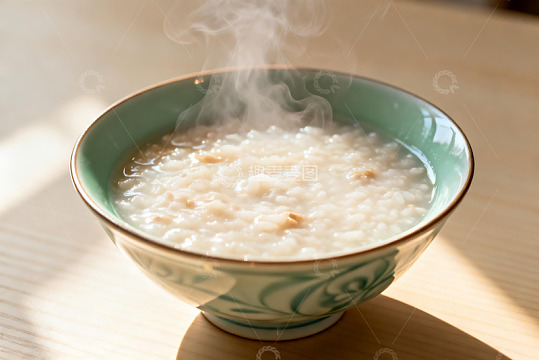热气腾腾的米粥盛在青花瓷碗中