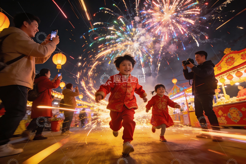 高清大图下载【趣麦麦图】烟花节庆夜孩童奔跑欢乐场景