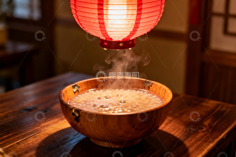 高清大图下载【趣麦麦图】热气腾腾的木碗食物与红灯笼