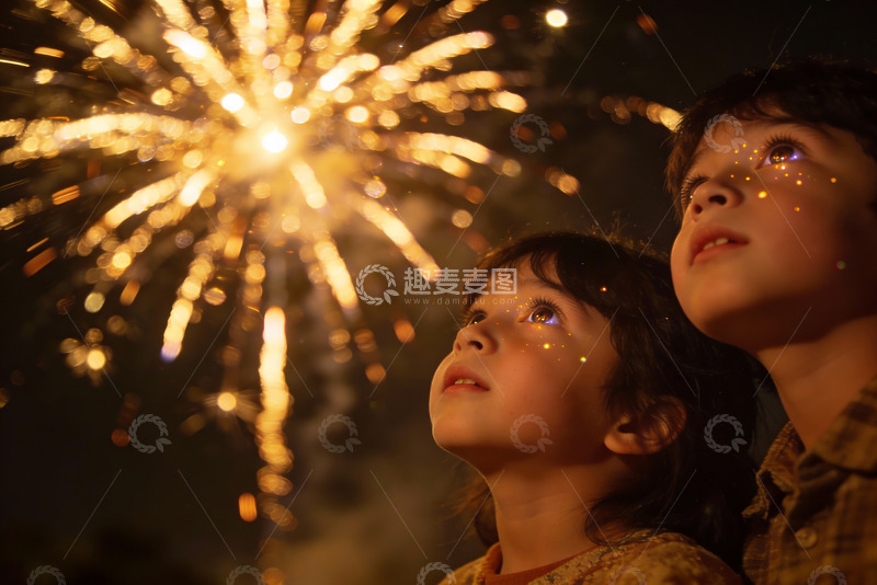 高清大图下载【趣麦麦图】孩童仰望夜空烟花绽放