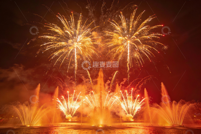 高清大图下载【趣麦麦图】夜空烟花与喷泉交相辉映