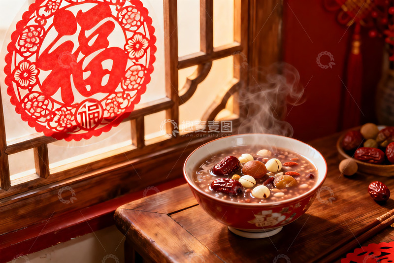 高清大图下载【趣麦麦图】热气腾腾的腊八粥与窗花