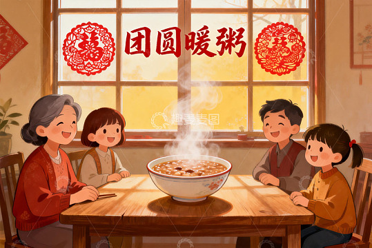 温馨家庭共进热粥团圆时刻