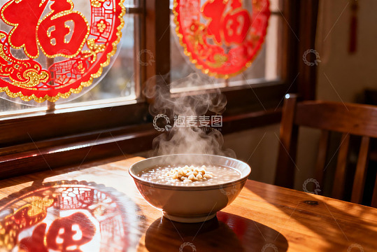 热气腾腾的粥与窗花装饰