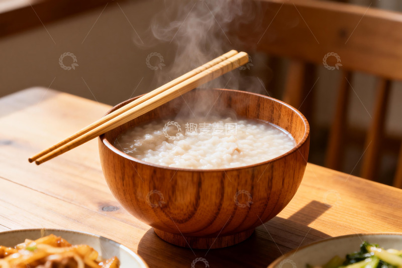 高清大图下载【趣麦麦图】热气腾腾的木碗粥