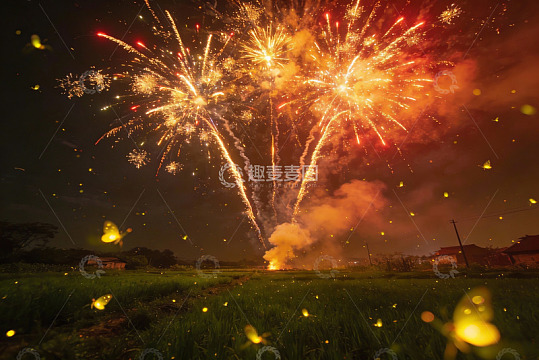 夜空烟花绽放田野萤火虫飞舞