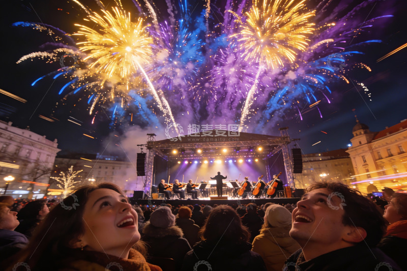 高清大图下载【趣麦麦图】夜空烟花音乐会上的欢庆人群