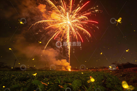 夜空烟花绽放萤火虫飞舞
