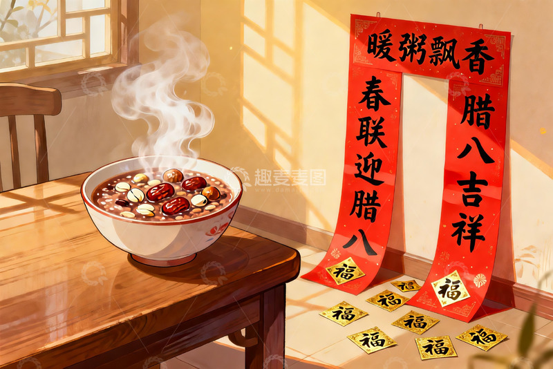高清大图下载【趣麦麦图】春节腊八粥与春联装饰