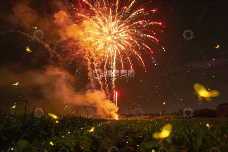 高清大图下载【趣麦麦图】夜空烟花绽放萤火虫飞舞